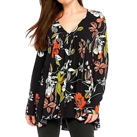 Free People Long Sleeve V-Neck Floral Print Black Flowy Mini Dress Size Small - Picture 1 of 9